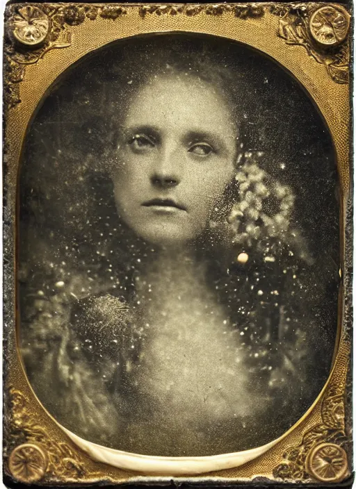 Image similar to old wetplate daguerreotype portrait of a lady with crackle skin, explosion of data fragments, fractal, intricate, elegant, highly detailed, parallax, leica, medium format, subsurface scattering, by jheronimus bosch and greg rutkowski and louis jacques mande daguerre