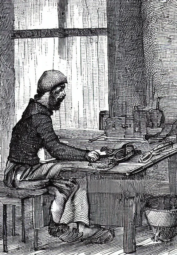 Image similar to [Medieval peasant sitting on a desk watching a computer in a dimly light room. There are cans on and around the desk and an arched window in the background. Illustration, sharp!, focus, high quality, smooth!]