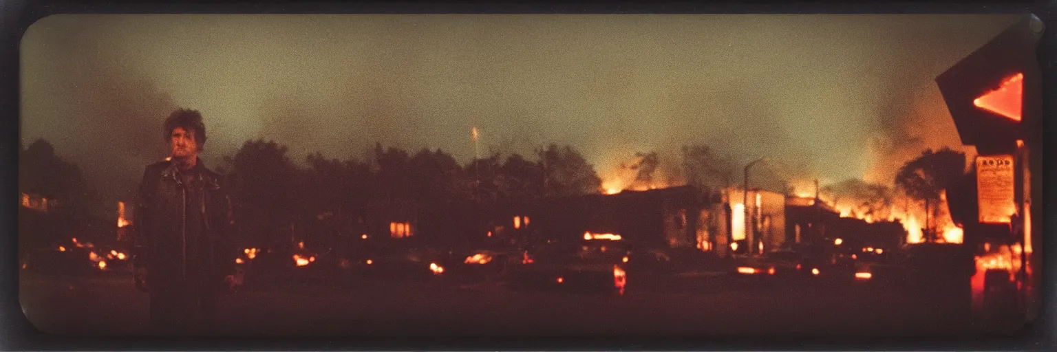 Image similar to 8 0 s polaroid photo, cinema still from david lynch movie, sleazy man watching night streets while a single house burns in the background of suburbia, haze, americana, high production value, 8 k resolution, hyperrealistic, hdr, photorealistic, high definition, high details, tehnicolor, award - winning photography, masterpiece, amazing colors