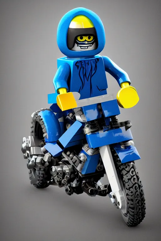 Image similar to a lego minifigure wearing a blue jean and blue t - shirt, he also wears a grey beanie, he is riding a ducati panigale, 3 d octane render, artstation, concept art, smooth, sharp focus ilustration hq, octane render, hyperrealistic, aenaluck, artgerm and roberto ferri and greg rutkowski