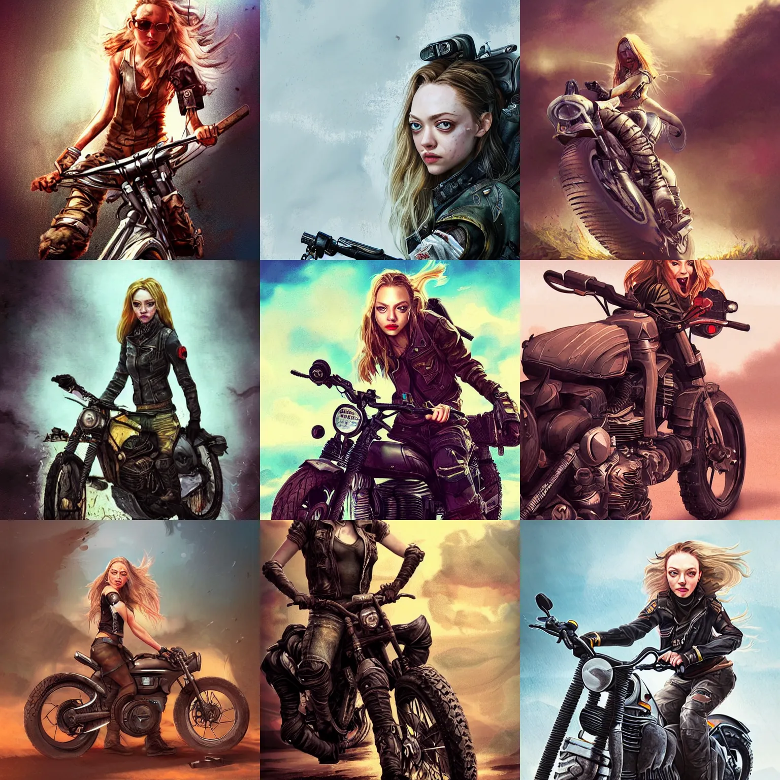 Prompt: Amanda Seyfried as a post apocalyptic survivor riding a motorcycle by Ross Tran, highly detailed digital art