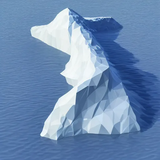 Prompt: low poly art of an side view of an iceberg half in the water being printed in color, low poly, 3 d render, waterfall, high detail, artstation, concept art, behance, ray tracing, smooth, sharp focus, ethereal lighting
