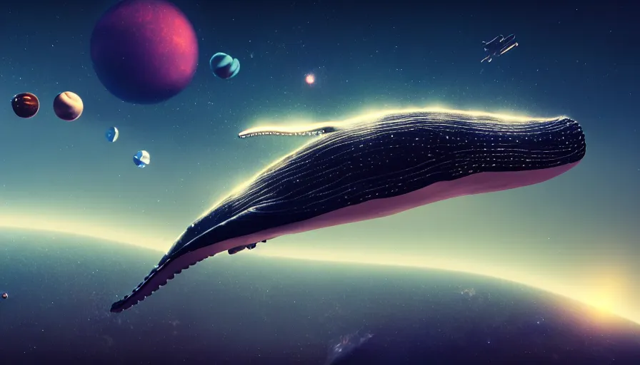 Prompt: highly detailed cinematic scifi render of a flying whale over the tuscany skies, cypresses and hills, stars and planets, hyper detailed, digital art, cinematic lighting, studio quality, smooth render, unreal engine 5, octane render, trending on artstaion.