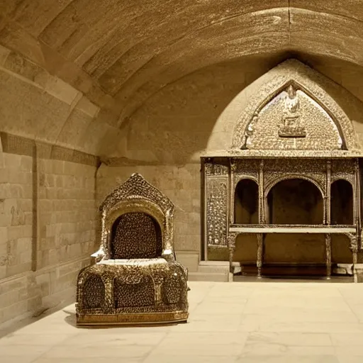 Image similar to the crypt of a king which consists mostly of his body encased in diamond and sitting on his throne. the tomb is ornate and the body is visible and unblemished