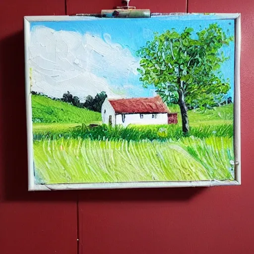 Prompt: A house on the country side next to a field, a birch tree, sunny weather, windy, very detailled painting