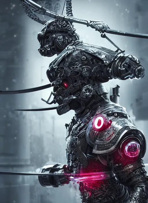 Image similar to ultra realistic and intricate detailed photograph of a cyborg samurai, ninja, katana, war background, neon, cyberpunk, technology, innovation, bright modern style, artstation, unreal render, depth of field, ambient lighting, award winning, stunning