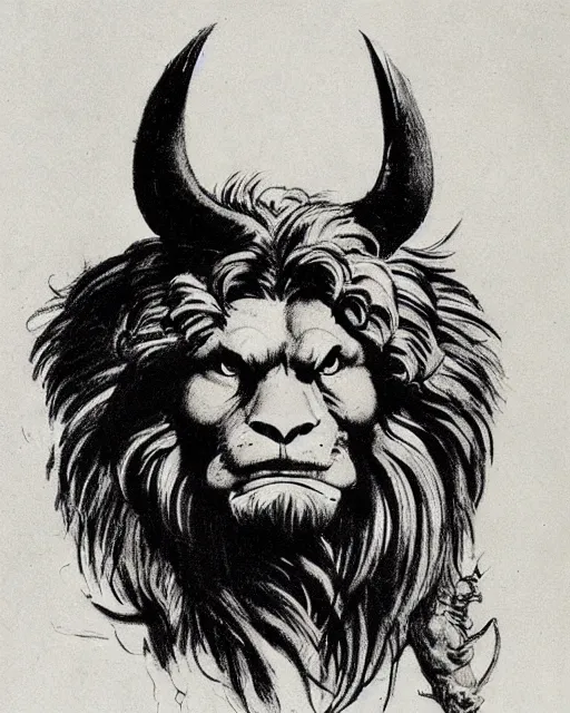 Image similar to a creature with the body and eyes of a man, beak of an eagle, the mane of a lion, two horns of an ox on the head. drawn by frank frazetta