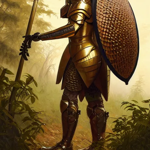 Image similar to photo of a humanoid pangolin dressed in armor with a golden helmet on the head, hold sword in the forest, highly detailed, digital painting, artstation, smooth, sharp focus, illustration, art by artgerm and greg rutkowski and alphonse mucha