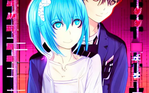 Prompt: adam with miku in rave part. kadokawa light novel, cover ; pattern ; symmetry