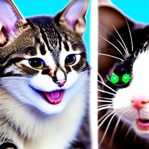 Prompt: Youtube clickbait thumbnail of cats reacting to cybernetic mice