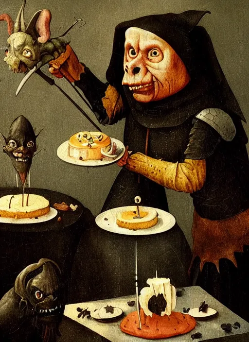 Image similar to medieval goblin eating cakes painted by hieronymus bosch, detailed digital art, trending on Artstation