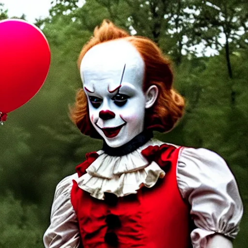 Prompt: a film still of Emma Watson as Pennywise from It (2017 movie)