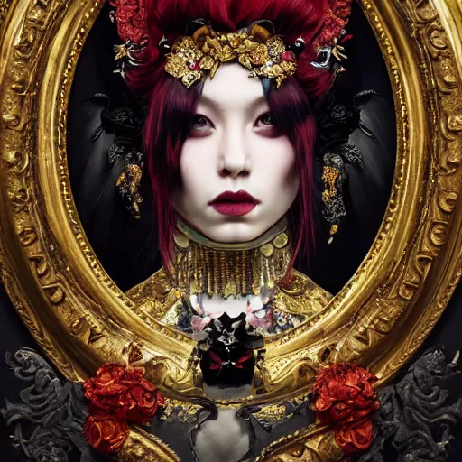 Prompt: oil painting highly detailed, highly intricate, cinematic lighting, award winning, portrait of asian goth goddess dressed by alexander mcqueen with multiple big red and black horns, sexy, by roberto ferri, by tom bagshaw, by jc leyendecker and klimt, american romanticism, by spare austin osman, artstation, cgsociety, official art, octane