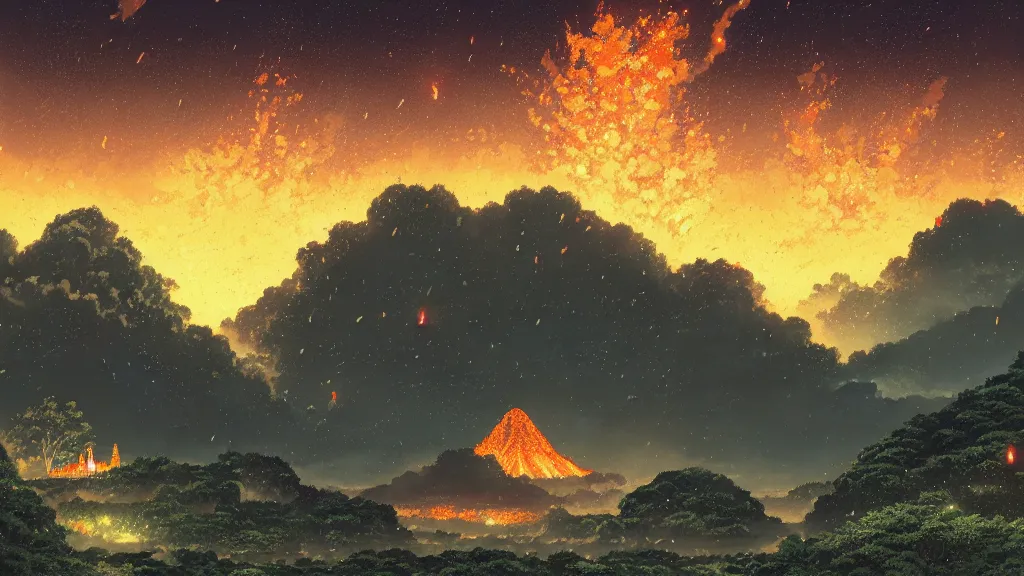 Prompt: highly detailed illustration of a volcanic landscape with fireflies and temples while rains at night and lots of high exposure cummulonimbus clouds by makoto shinkai, by moebius, by oliver vernon, by joseph moncada, by damon soule, by manabu ikeda, by kyle hotz, by dan mumford, by otomo, 4 k resolution