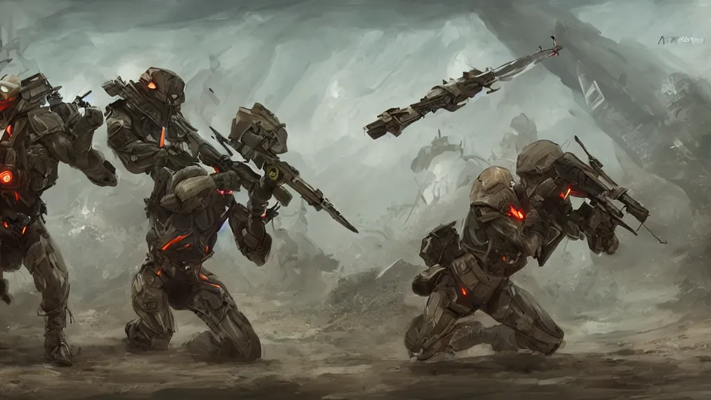 Image similar to two futuristic soldiers fighting giant bugs, concept art