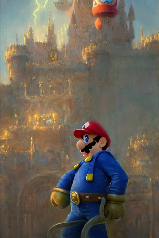 Image similar to a portrait of super mario in front of peach's castle, by gaston bussiere, by mandy jurgens and bayard wu and greg rutkowski, cinematic lightning