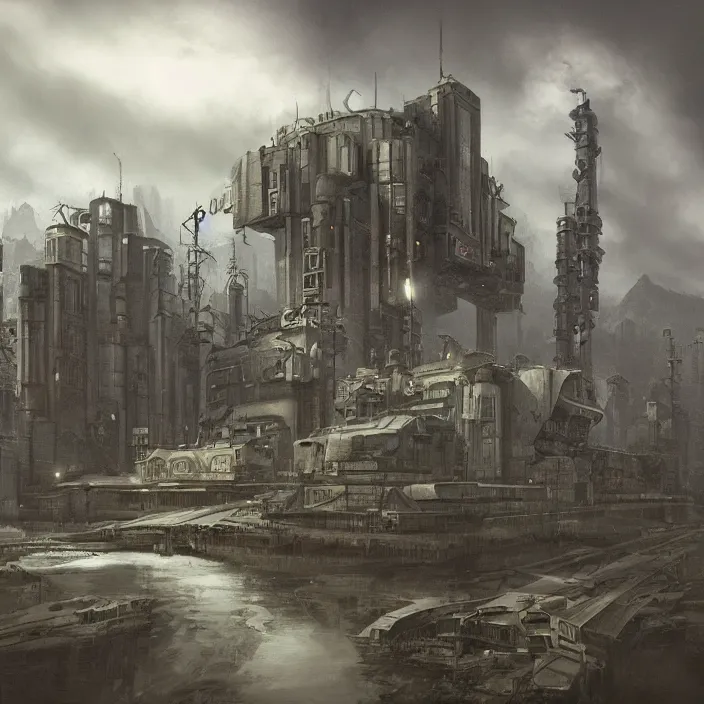 Prompt: a building in a serene landscape, dieselpunk