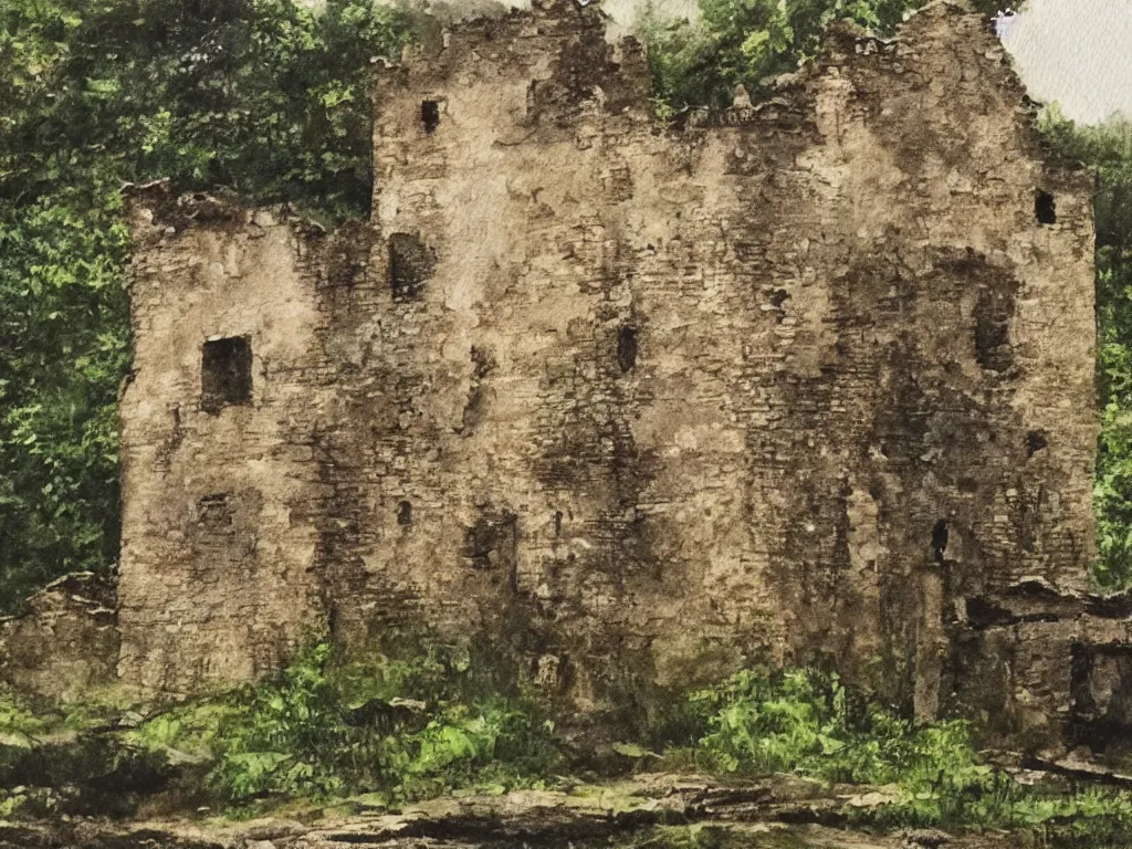 Image similar to A water painting of a dilapidated ancient castle building in the wood