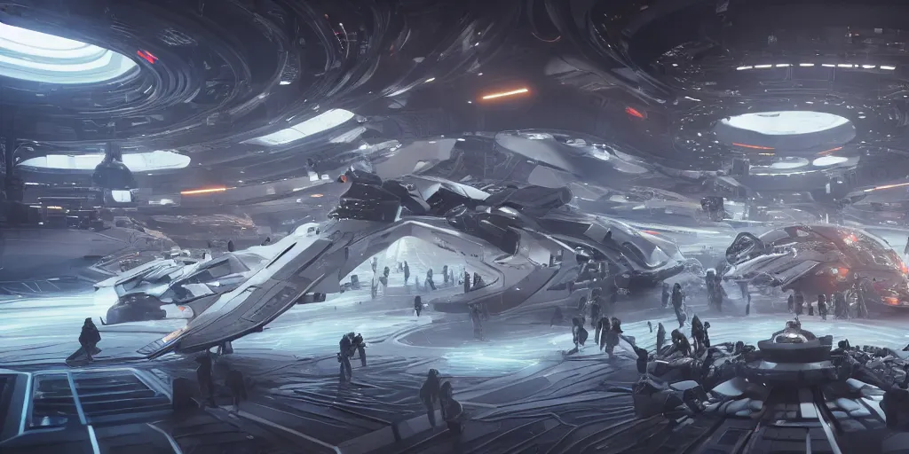 Image similar to cinematic movie scene, 200mm wide shot, precise architectural rendering, beautiful Product shot film still of a futuristic detailed pig themed battle-armored space ship with bright headlights in a busy futuristic spaceport filled with people, motion, hard surface modeling, volumetric soft lighting, style of Stanley Kubrick cinematography, 8k H 768