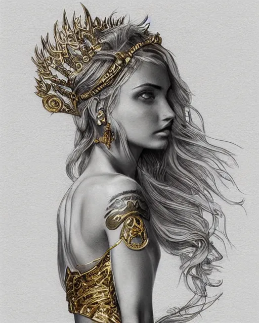 Image similar to tattoo sketch of hot blonde super model as aphrodite greek goddess wearing a gold laurel wreath and triangle earrings, beautiful piercing gaze with sharp pupils, in the style of greg rutkowski, fantasy, amazing detail, epic, elegant, smooth, sharp focus, front view