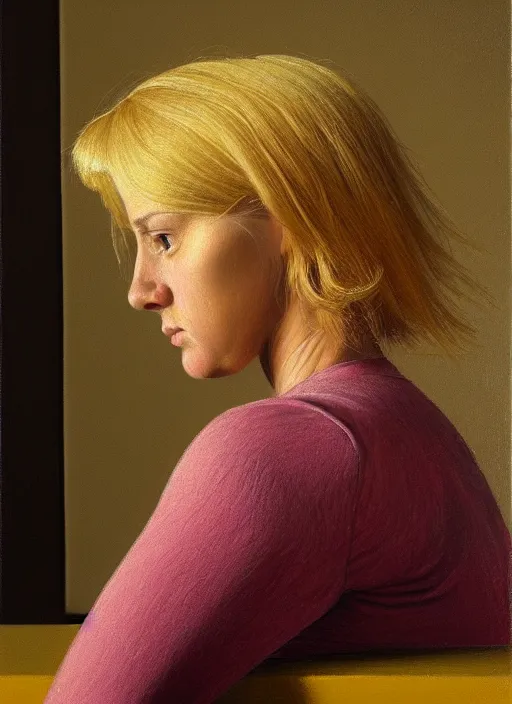 Prompt: detailed portrait of a woman with blond hair, painting by ansell, mary jane, still life, photorealism