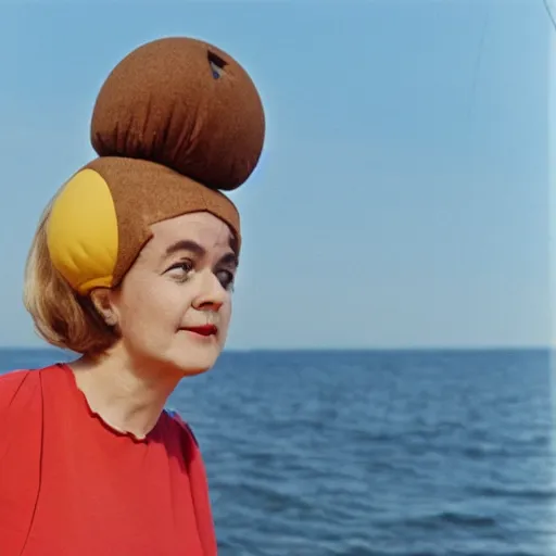 Prompt: middle aged woman with an inflatable head on top of her head, wearing a dress, at the seaside, 1976 French film, archival footage, technicolor film expired film live-action, 16mm