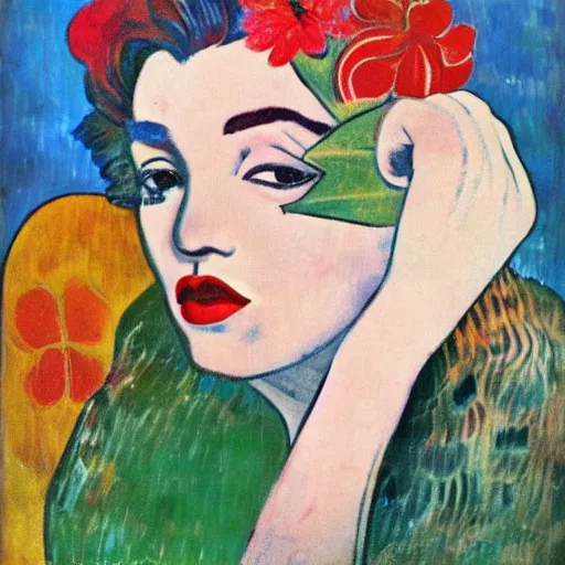 Image similar to Girl in flowers, red lipstick on her face, ugly look, Gauguin style, the appearance of Marilyn Monroe