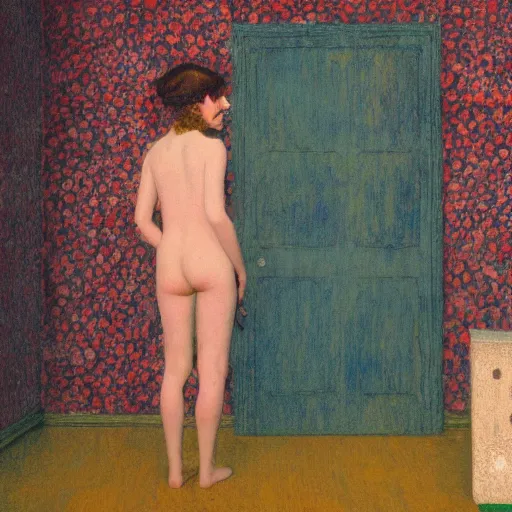 Image similar to a lonely girl in an abandoned room, film still by wes anderson, depicted by klimt, limited color palette, very intricate, art nouveau, highly detailed, lights by hopper, soft pastel colors, minimalist