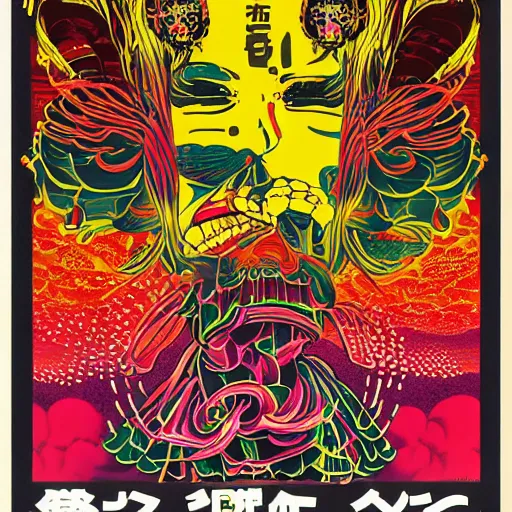 Prompt: Japanese psychedelic poster art for a concert featuring a band named “OMNISCURO”,