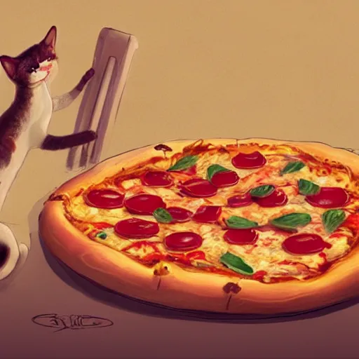 Prompt: concept art, artstation, 8k, cat eating pizza