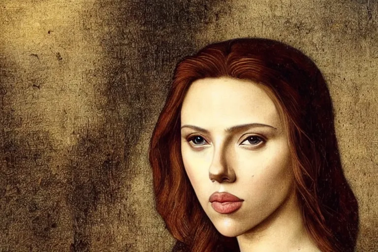 Prompt: a beautiful portrait of scarlett johansson painted by leonardo da vinci