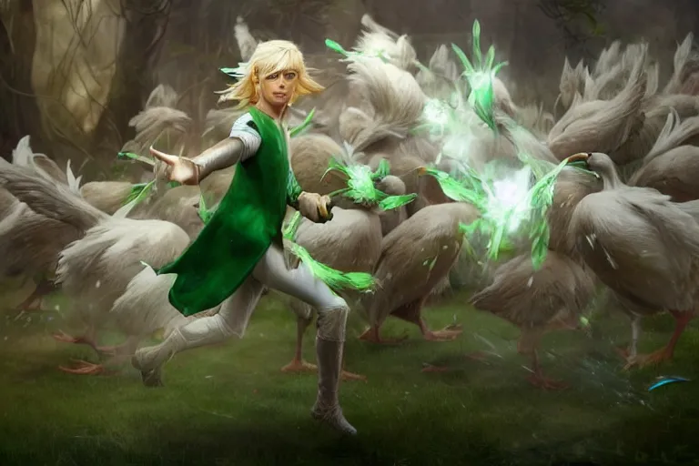 Prompt: a blonde male elf wearing a green tunic running away in terror from a huge flock of furious white chickens , made by Stanley Artgerm Lau, WLOP, Rossdraws, ArtStation, CGSociety, concept art, cgsociety, octane render, trending on artstation, artstationHD, artstationHQ, unreal engine, 4k, 8k,