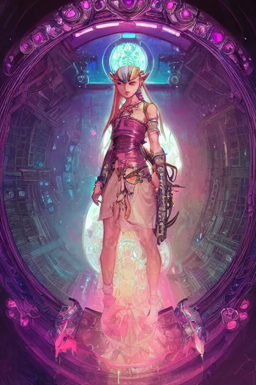 Image similar to Cyberpunk Princess Zelda, magical, flower, bright neon highlights, detailed intricate ink illustration, dark atmosphere, detailed illustration, hd, 4k, digital art, overdetailed art, concept art, by greg rutkowski, by Alfons Mucha, complementing colors, Trending on artstation, deviantart