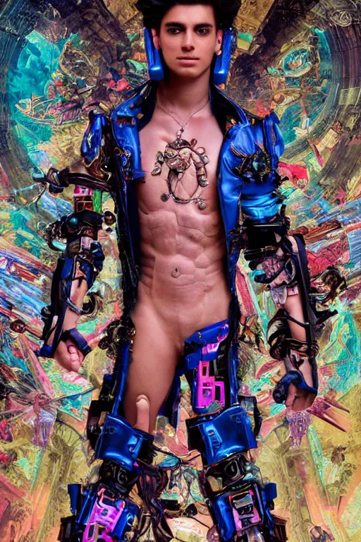 Image similar to full-body cyberpunk style sculpture of a young handsome Colombian prince half android with a chest opening exposing circuitry and electric sparks, glowing pink eyes, crown of blue flowers, flowing salmon-colored silk, fabric, raptors. baroque elements. full-length view. baroque element. intricate artwork by caravaggio. many many birds birds on background. Trending on artstation, octane render, cinematic lighting from the right, hyper realism, octane render, 8k, depth of field, 3D