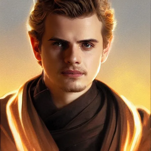 Prompt: portrait of Hayden Christensen as Anakin Skywalker highly detailed, digital painting, artstation, smooth, sharp focus, illustration, art by artgerm and greg rutkowski and alphonse mucha