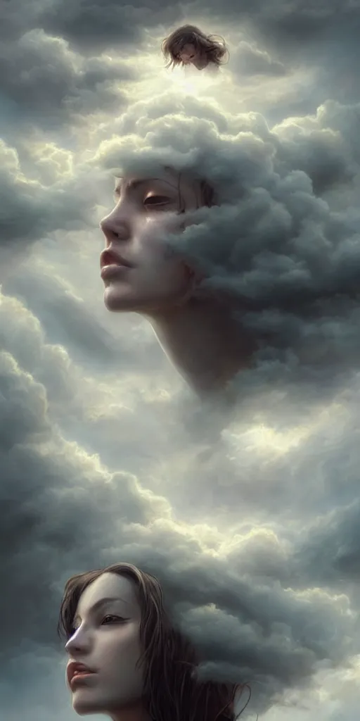 Image similar to a lost soul in the clouds, portrait, epic shot, very detailed, by artgerm, julie bell, beeple and Greg Rutkowski, airbrush, fantasy, 90s, Smooth gradients, octane render, 8k, High contrast, depth of field, very coherent symmetrical artwork