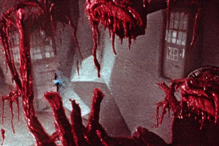 Image similar to filmic wide shot angle movie still 35mm film color photograph of a shape shifting horrific nightmarish abstract organism from The Thing 1982 attacking a mutilated deceased doctor who is completely drenched in blood in the style of a horror film