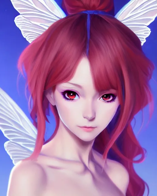 Image similar to portrait of a cute anime pixie with wings, digital painting, artstation, concept art, smooth, sharp focus, illustration, art by disney, symmetry face, fine details. art by alex ross