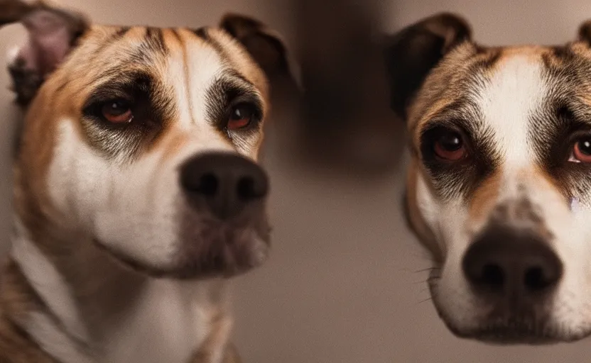 Image similar to movie still of a dog, detailed face, cinematic lighting, 8 k