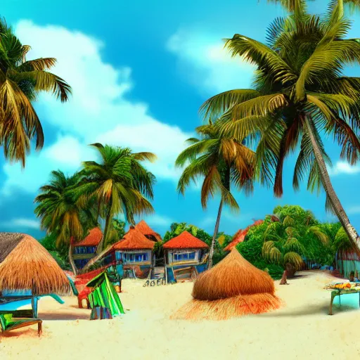 Image similar to a village on a tropical island, very colorful, beach, palms, photorealistic, trending on artstation