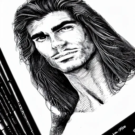 Prompt: a micron pen drawing of fabio, detailed