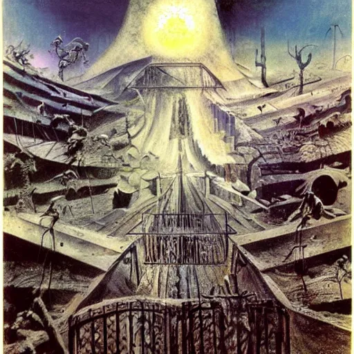 Image similar to the gate between reality and simulation, matte painting by ivan shishkin and roberto matta and dave mckean