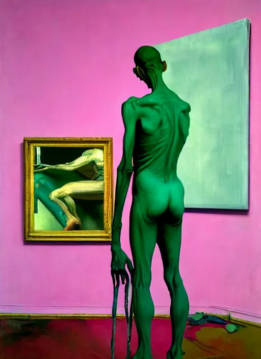 Prompt: an insane, skinny, artist wearing overalls, expressive painting the walls inside a grand messy studio, hauntingly surreal, highly detailed painting by francis bacon, edward hopper, adrian ghenie, glenn brown, and james jean, soft light 4 k in pink, green and blue colour palette, cinematic composition,