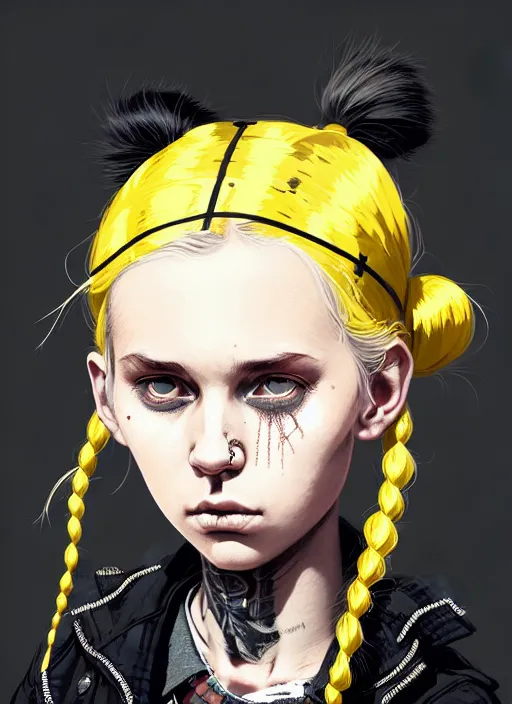 Image similar to highly detailed closeup portrait of a sewer punk pretty swedish female road warrior student, tartan garment, blonde hair pigtails with headband by atey ghailan, by greg rutkowski, by greg tocchini, by james gilleard, by joe fenton, by kaethe butcher, gradient yellow, black, brown and white color scheme, grunge aesthetic!!! white graffiti tag wall background