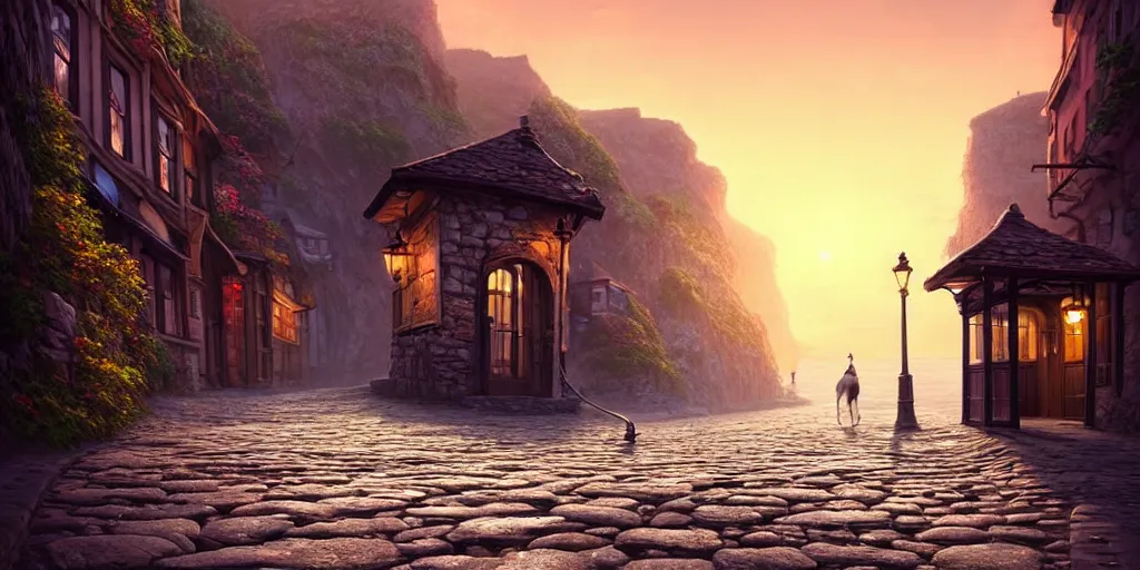 Image similar to epic professional digital art of a lonely cobblestone street with a kiosk on a cliff over the sea at sunset, best on artstation, cgsociety, wlop, Behance, pixiv, astonishing, impressive, outstanding, epic, cinematic, stunning, marketing design, gorgeous, much detail, much wow, masterpiece.