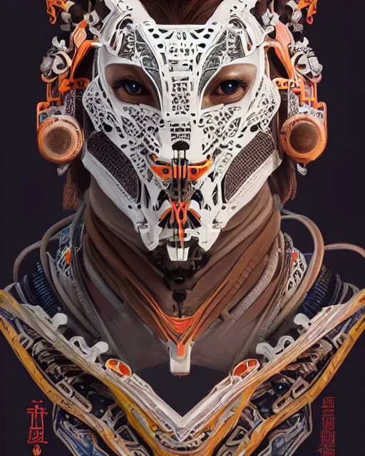 Image similar to portrait of a machine from horizon zero dawn, machine face, upper body, decorated with opera motifs, traditional chinese art, intricate, elegant, highly detailed, digital painting, artstation, concept art, smooth, sharp focus, illustration, art by artgerm and greg rutkowski and alphonse mucha, 8 k