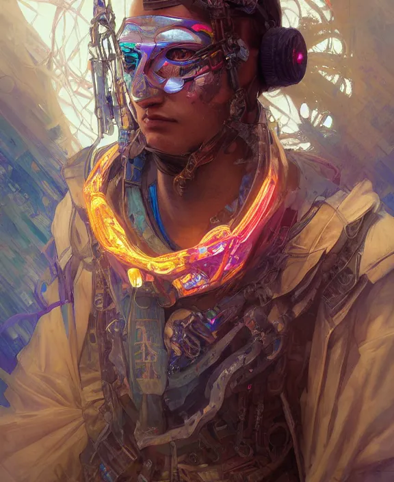 Prompt: portrait of a cyberpunk masked nomad, half body, glowin eyes, d & d, fantasy, intricate, elegant, highly detailed, colorful, vivid color, digital painting, artstation, concept art, art by artgerm and greg rutkowski and alphonse mucha and ruan jia