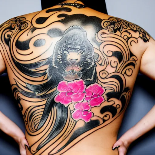 Image similar to photography of the back of a woman with a black detailed irezumi tatto representing a big gold tiger with pink flowers on her entire back, dark hangar background, mid-shot, editorial photography