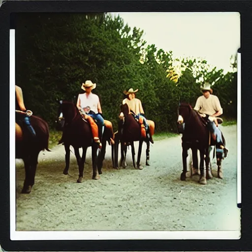 Image similar to Western, people on horses with wheels instead of legs, polaroid, bokeh