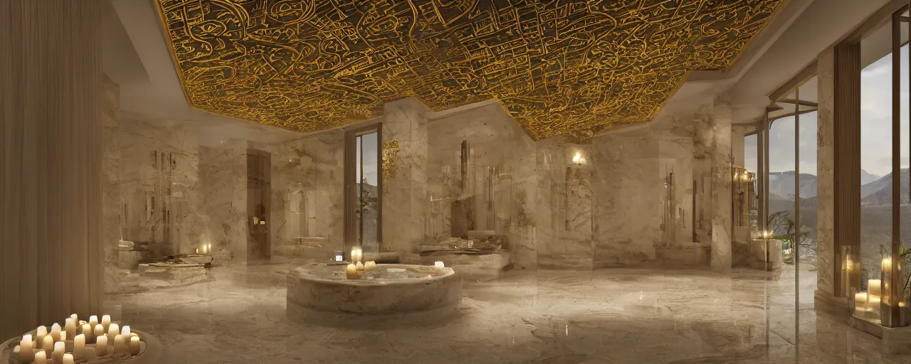 Prompt: photo of a cinematic interior of a double height hyper luxury spa with everything made of gold, candles, windows with view to desert mountains and river, beige stone marble floor with reflection, small wellness relaxation pool, intricate hieroglyph detailed roof, contemporary design, sacred geometry, 8 k, hyperrealistic, photorealism,